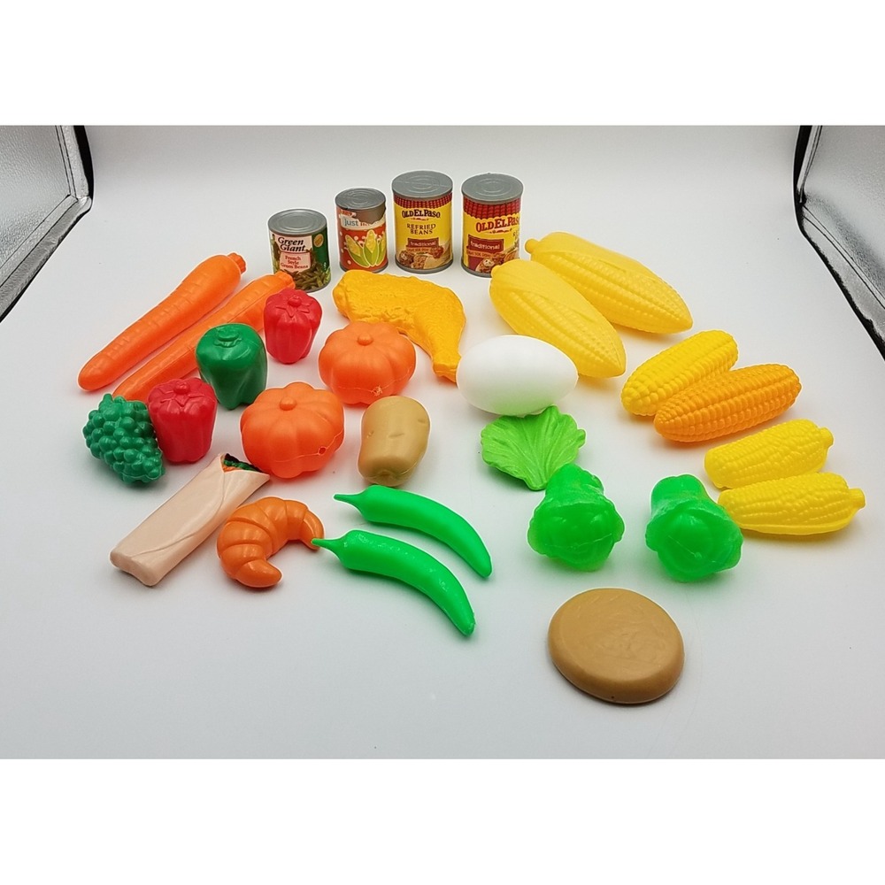 LOT of Kids Pretend Play Food Fruit Vegetable Meat‎ Cans Plastic 29 items